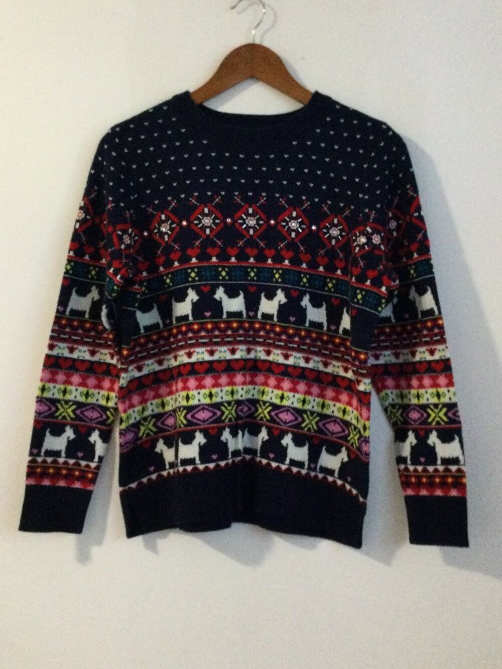 Festive Fair Isle Scottie dogs & colorful geometric pattern Sweater Petite Large